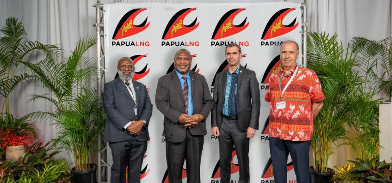 L-R: Hon Kerega Kua, Minister of Petroleum and Energy, Hon James Marape, Prime Minister of Papua New Guinea, Julien Pouget  Senior Vice President Asia Pacific for Exploration & Production and Renewables at TotalEnergies and Jean-Marc Noiray, Managing Director of TotalEnergies E&P PNG Ltd.