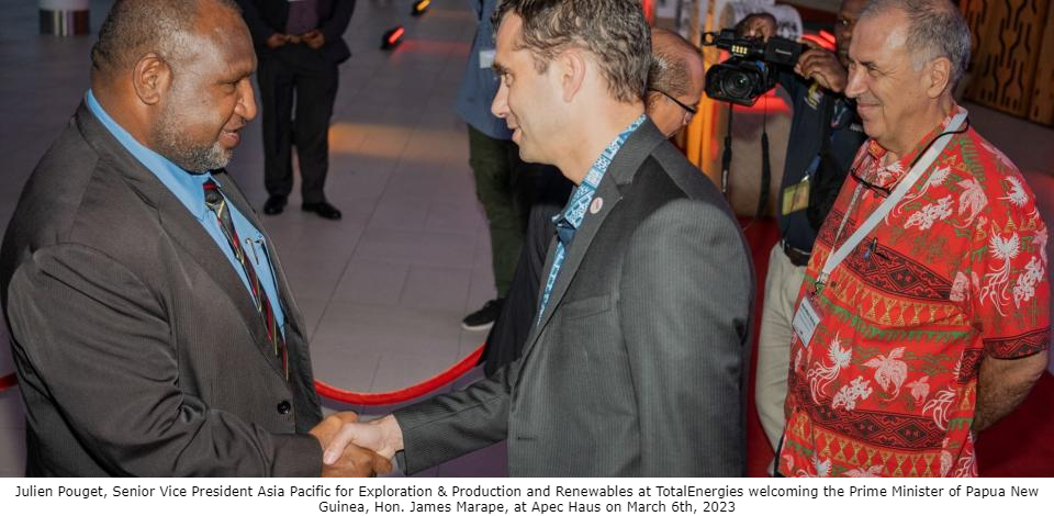 Julien Pouget, Senior Vice President Asia Pacific for Exploration & Production and Renewables at TotalEnergies welcoming the Prime Minister of Papua New Guinea, Hon. James Marape, at Apec Haus on March 6th, 2023