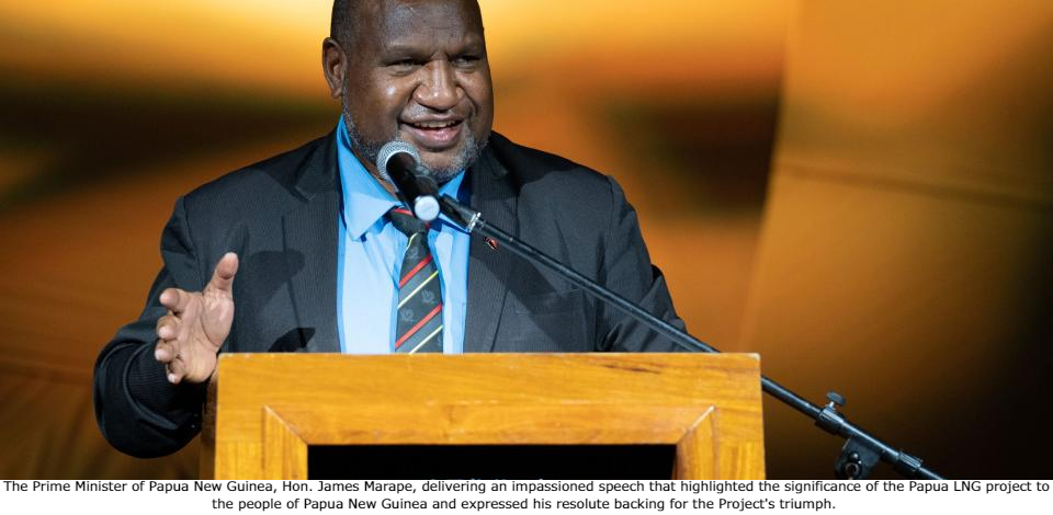 The Prime Minister of Papua New Guinea, Hon. James Marape, delivering an impassioned speech that highlighted the significance of the Papua LNG project to the people of Papua New Guinea and expressed his resolute backing for the Project's triumph. 